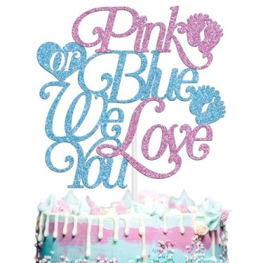 Imagem de Pink or Blue We Love You Cake Topper, Boy or Girl/He or She Gender Reveal Cake Decor, Baby Shower First Birthday Baby Announcement Party Decorations Supplies