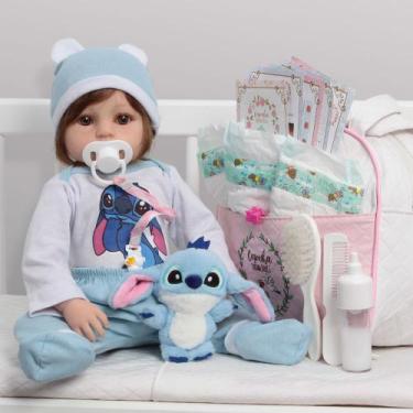 Imagem de Bebê Realista Cabelinho Castanho Fio a Fio Roupa Stitch - Cegonha Rebo