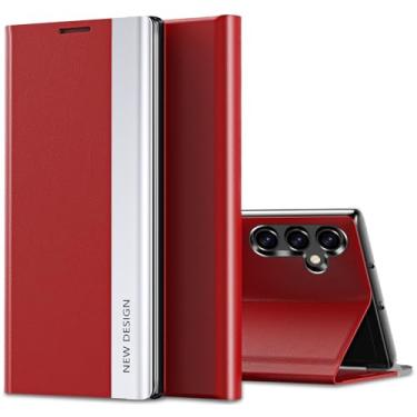 Imagem de Capa para Samsung Galaxy S25 FE Flip Case S View | Capa fólio híbrida à prova de choque PU e PC | Tiras galvanizadas de luxo capa flip ultrafina | Proteção 360 graus S25 FE Smartphone (vermelho)