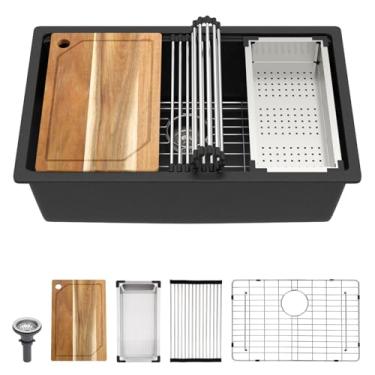 Imagem de Talllor Pia de cozinha composta de granito 71 cm preto fosco embaixo da estação de trabalho tigela única quartzo grande pia de cozinha sob o balcão lavatório grande 71 cm x 48 cm #TLGU-103