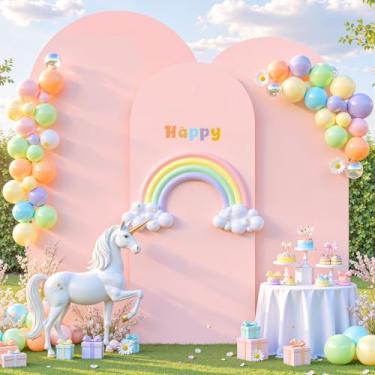 Imagem de Conjunto de 3 capas de arco de casamento de elastano rosa empoeirado para decoração de fundo de Chiara para decoração de fundo de festa de aniversário e banquete