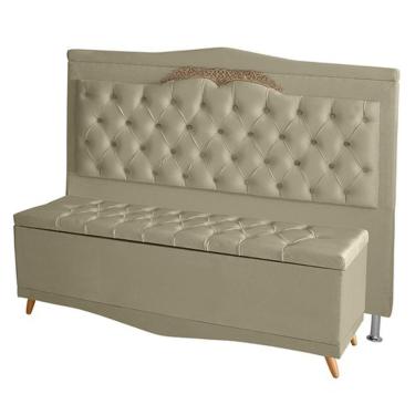 Imagem de Kit Cabeceira De Cama Box E Calçadeira Baú Madri Queen 160 Cm Suede Bege Eli Móveis E Decoração