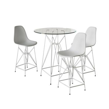 Imagem de Jogo Mesa Bistrô Eames Vidro 60Cm 3 Banquetas Branca Base Ferro Branco - Cor: Branco