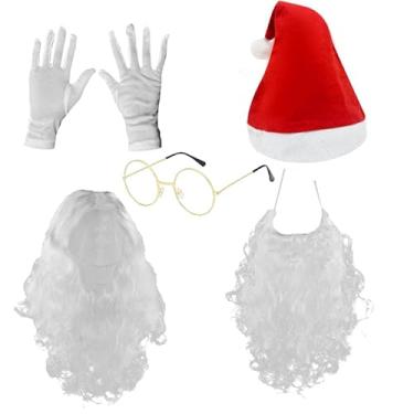 Imagem de galeeup Conjunto de barba e peruca de Papai Noel, chapéu, luvas, óculos, adulto, acessórios de fantasia de Papai Noel, conjunto de 5 peças, Branco, Tamanho Único