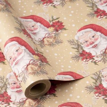 Imagem de RUSPEPA Rolo de papel de embrulho de Natal para mulheres e homens, mini rolo, rosto de Papai Noel vintage e design floral de azevinho, embrulho de presente festivo Kraft para Natal e férias, 43 cm x