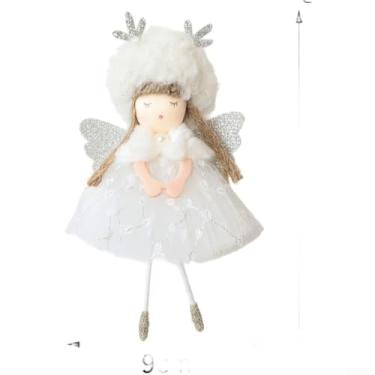 Imagem de Enfeite de anjo de Natal com estatueta de menina de chifre de veado e saia de tule, pingente de pelúcia para decoração rústica de árvore de inverno, 9 x 15 cm verde/rosa/branco