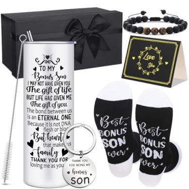 Imagem de Sieral 6 peças bônus Son Stepson Gifts Thank You Appreciation Gifts from Stepdad Stepmom Dad Parent Inclui Aço Inoxidável Pulseira Meias Chaveiro Caixa de Presente para Natal Aniversário