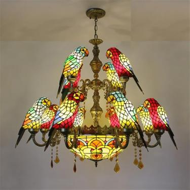 Imagem de Lustre contemporâneo de papagaio, obra de arte de luxo para sala de estar, restaurante, quarto, villa, hotel, café, bar, karaokê, clube, luminária pendente de vidro colorido com LED (12 lâmp