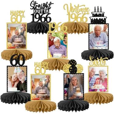 Imagem de Pacote com 8 peças centrais de mesa de favo de mel Happy 60th Birthday Straight Outta 1966 centro de mesa de fotos vintage 1966 centros de mesa para torcidas para festa de aniversário de 60 anos ouro