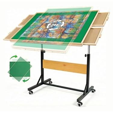 Imagem de ALL4JIG Mesa de quebra-cabeça de 1500 peças com pernas e rodas, mesa de quebra-cabeça de madeira com 4 gavetas e capa, estabilidade atualizada e design leve otimizado, opção de posicionamento vertical