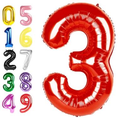 Imagem de Balão de 3 anos, balão de 101 cm para decoração de festa de aniversário, balão vermelho número 3 para celebração de 3, 13, 23, 38, homens e mulheres, casamento, decoração de aniversário