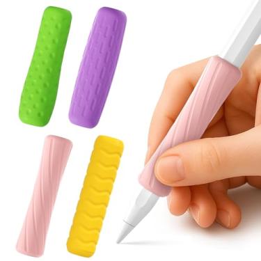 Imagem de ELETIUO Pacote com 4 cabos de silicone compatíveis com Apple Pencil Pro/USB-C/2ª geração, capas ergonômicas antiderrapantes com 4 texturas para escrever e desenhar, capa protetora (roxo/verde/rosa