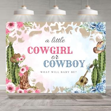 Imagem de Rsuuinu Pano de fundo revelador de gênero de 2,1 x 1,5 m vaqueira ou caubói rosa azul floral cacto ele ou ela fundo fotográfico decoração de festa chá de bebê decoração de mesa de bolo banner cabine