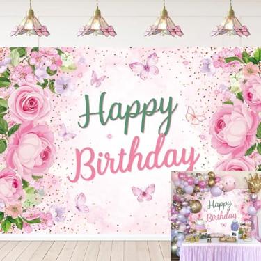 Imagem de Pano de fundo floral rosa para fotografia, flores, borboleta, feliz aniversário, pano de fundo para meninas, mulheres, decoração de festa, adereços de cabine de fotos (20 x 1,8 m)
