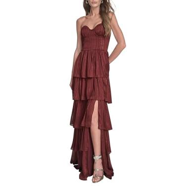 Imagem de BCBG Vestido maxi feminino sem alças com decote em camadas e fenda nas pernas, Siena queimada, 42