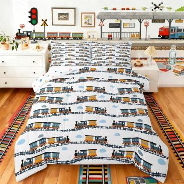 Imagem de jejeloiu Conjunto de cama de trem de desenho animado macio para meninos e meninas, locomotiva a vapor, tamanho duplo, edredom de microfibra para decoração de quarto, 2 peças com 1 fronha