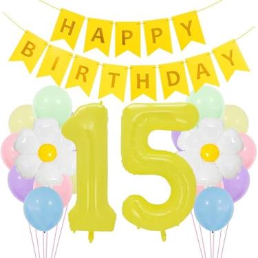 Imagem de Balões de decoração de aniversário de 15 anos amarelos menino feliz 15 kit de guirlanda de balões de festa de aniversário de 15 anos com número macaamarelo 15 balões de alumínio amarelo 15 anos