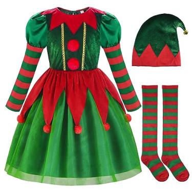 Imagem de ReliBeauty Disfarce de lfo para menina, vestido de Natal, com gorro e meias saia tutu para meninas de Natal, 7-8 anos (120 cm)