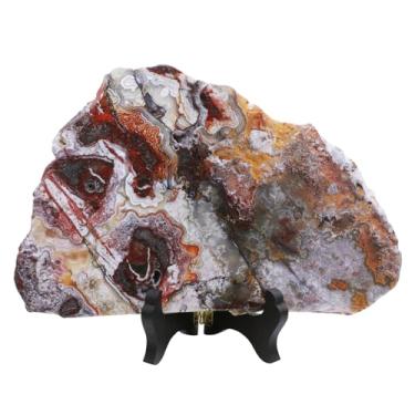 Imagem de moonsix Fatia de ágata mexicana natural com suporte de madeira, amostra de laje de ágata irregular para ornamento de mesa de escritório em casa, 426-525 g