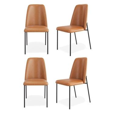 Imagem de Kit 04 Cadeiras Sala De Jantar Lior Com Encosto Estofado Base Preta Couríssimo Whisky - Desk Design