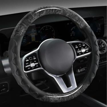 Imagem de Knonip Capa de volante de couro automotivo grão de madeira pêssego respirável antiderrapante durável universal 38 cm (preta)