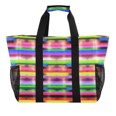 Imagem de ODAWA Bolsa de férias colorida com listras neon resistente à água, bolsa leve portátil de verão, Listras neon coloridas, One Size