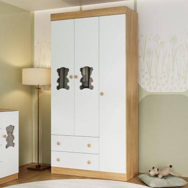 Imagem de Guarda-roupa Infantil 92cm com Vidro 3 Portas e 2 Gavetas Teddy Multimóveis MP4487