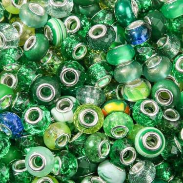 Imagem de BERMRO 100 peças de contas grandes europeias com furo verde escuro redondo iridescente contas de acrílico varinha de fada contas de jardim para artesanato faça você mesmo colar pulseira chaveiro de
