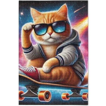 Imagem de Quebra-cabeça fofo gato skate gato 500 peças presentes de festa de elefante branco adulto quebra-cabeças divertidos para a família cenário personalizado arte floral, 52 cm x 37,8 cm