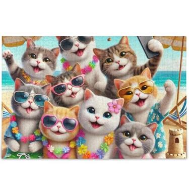 Imagem de Quebra-cabeça de animais felizes personalizados gatos fofos para adultos 500 peças decoração de arte pintura divertida quebra-cabeça presente de elefantes brancos, 52 x 37,8 cm