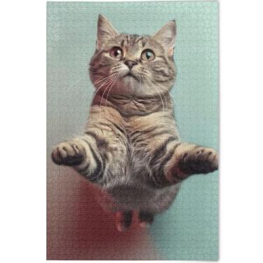 Imagem de Quebra-cabeça de animal gato malhado engraçado personalizado 1000 peças adultos família elefante branco presentes natureza grande quebra-cabeça brinquedo de arte, 75 cm x 50 cm