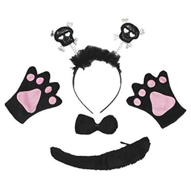 Imagem de Petitebella Fantasia infantil 4 peças de fantasia infantil de caveira de Halloween com laço na cabeça (tamanho único) preta