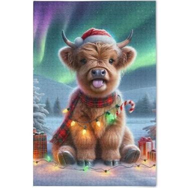 Imagem de Quebra-cabeça de vaca Highland com gado de Natal personalizado para adultos 1000 peças quebra-cabeça engraçado cena colorida animal flor arte, 75 cm x 50 cm