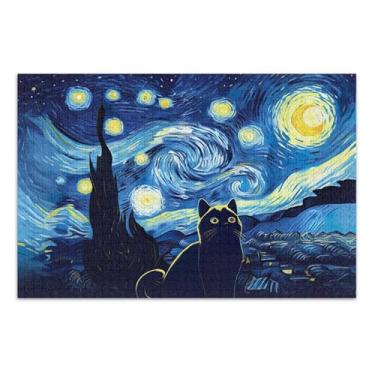 Imagem de Quebra-cabeça para adultos 500 peças gato noite estrelada Vangogh azul amigos família presentes homens presentes arte animal única pintura, 51 x 35 centímetros