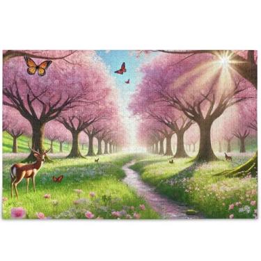 Imagem de Quebra-cabeças florais de primavera flor de cerejeira 1000 peças presentes para jogo de elefante branco quebra-cabeças difíceis pintura de arte animal, 75 x 50 cm