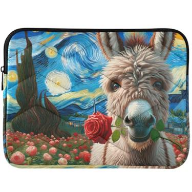 Imagem de Capa para laptop personalizada com estampa de burro de noite estrelada com flores rosas, capa para laptop, floral, animal, universal, 13, capa para computador, laptop de 14 polegadas