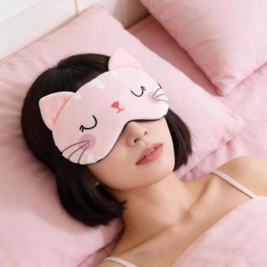 Imagem de 1pC Máscara de dormir de desenho animado de gato fofo, máscara de dormir macia e respirável, perfeita para uso em família e viagens