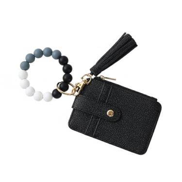 Imagem de Carteira feminina Boho com contas de pulso – Porta-cartões com estampa floral com borla, pulseira de contas de silicone, porta-chaves com zíper e porta-moedas para identidade para mulheres, Preto