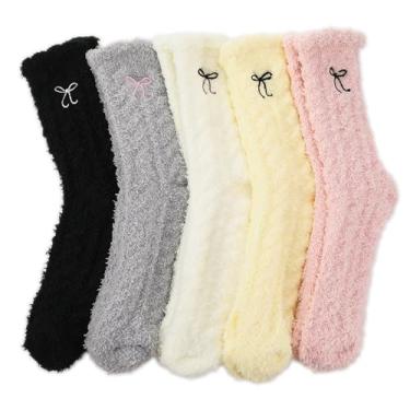 Imagem de 5 pares de meias femininas com laço felpudo, aconchegantes, fofas, quentes, para o inverno, meias térmicas de pelúcia para dormir em casa, tamanho 5-8