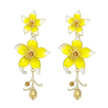 Imagem de EleQueen Brincos femininos com pingente de flor esmaltada, joia floral vibrante para dia dos namorados/aniversário/festa, Zircônia cúbica, Zircônia cúbica