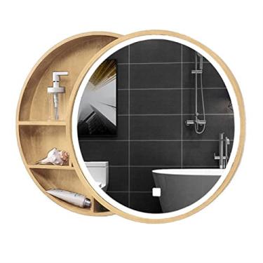 Imagem de U5GAAALPPQ9 Armário de espelho de banheiro de LED com interruptor de toque, espelho de parede redondo de madeira, prateleiras decorativas modernas de 3 camadas, espelho de penteadeira, organizador de