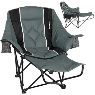 Imagem de USKAU Cadeira de acampamento com apoio para os pés removível, cadeira grande ao ar livre com encosto de cabeça e porta-copos, cadeira de gramado com capacidade de 181 kg para pesca esportiva no