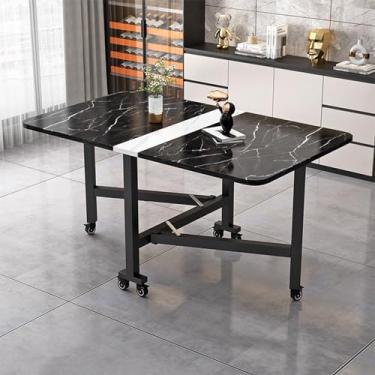 Imagem de Mesa de jantar dobrável móvel, mesa de jantar com textura de mármore com 6 rodas, mesa de folhas caídas para economia de espaço