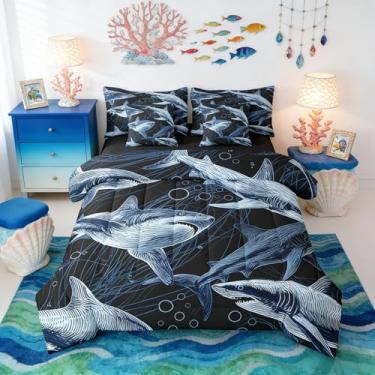 Imagem de Erosebridal Conjunto de edredom de tubarão feroz em uma bolsa, tamanho casal, 7 peças, mundo subaquático, oceano, animal