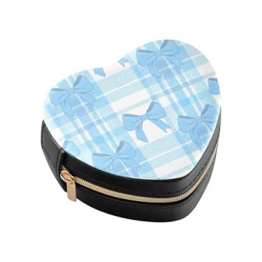 Imagem de Burbuja Caixa de joias xadrez azul em forma de coração mini estojo de joias de viagem para mulheres e meninas, estojo portátil organizador de armazenamento para brincos, anéis, colares e pulseiras