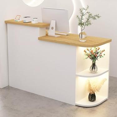 Imagem de Mesa de recepção moderna com gaveta trancável e prateleira de armazenamento de canto - Mesa de recepção de varejo para área de recepção - Balcão de caixa elegante para loja de varejo (branco direito