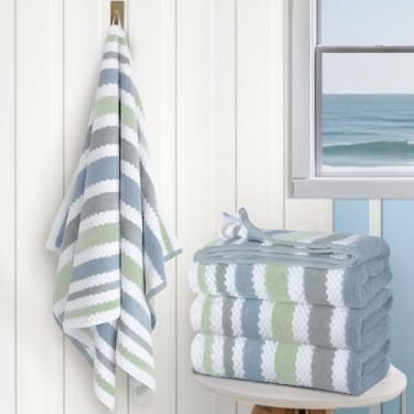 Imagem de Toalhas de banho listradas (4 peças, 71 cm x 132 cm) - Secagem rápida | Absorve | Leve | 500 g/m2 | Toalhas de banho macias de mistura de algodão e poliéster, toalha de banho decorativa com laços para
