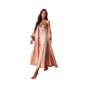 Imagem de Conjunto De Pijama Feminino De Manga Longa Com Decote Em V E Renda, Co