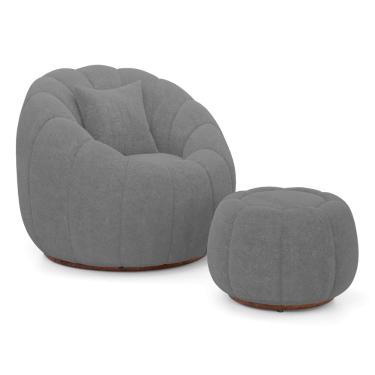 Imagem de Poltrona Decorativa Concha Giratória com Puff Estilo Abóbora Shell Bouclê Cinza Escuro - Abmaza