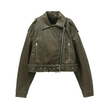 Imagem de Jaqueta Feminina De Couro Lavado Vintage Com Cinto, Casaco Curto Com Z